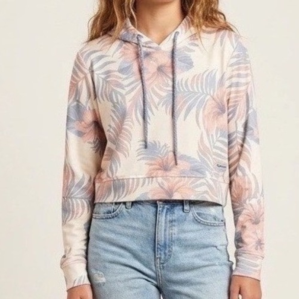 Reel Life South Beach Crop Hoodie Hibiscus Palm UPF 30+ Angel Wing Womens L NEW